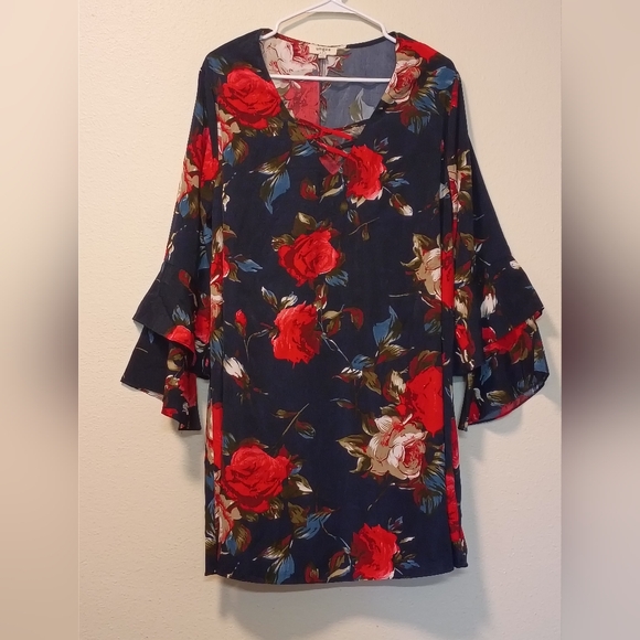 Umgee Dresses & Skirts - Umgee USA Large Dark Navy floral Print Ruffle Sleeves Mini A Line Dress Mini